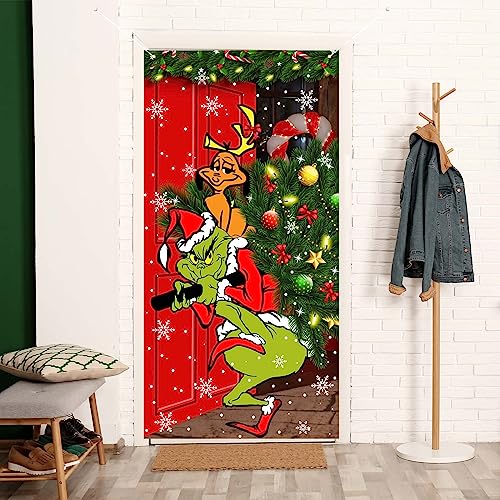 Grinch Christmas Decorations Grinch Door Cover Merry Grinchmas Door Cover 6 X 3ft Black Buffalo Grid Flag Photography Banner Christmas Xmas Winter Holiday Home Kitchen