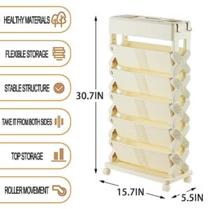 YAYLAIP Movable Bookshelf Cart, 6-Tier Large Capacity Movable Office Desk File Organizer with Wheel Multilayer Rotatable Removable Plastic Practical Rolling Covered