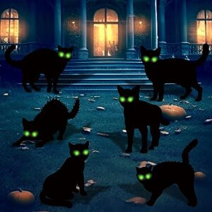 6 pack black cat halloween decor yard signs with stakes,halloween decorations outdoor, scary silhouette with glow in dark eyes for outdoor yard lawn garden halloween decor