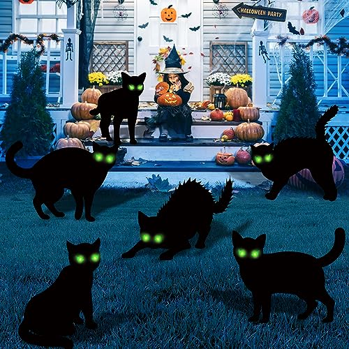 6 Pack Black Cat Halloween Decor Yard Signs with Stakes,Halloween Decorations Outdoor, Scary Silhouette with Glow in Dark Eyes for Outdoor Yard Lawn Garden Halloween Decor