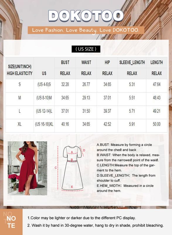 Dokotoo One Shoulder Dresses for Women Elegant Ruffle Empire Waist Asymmetrical Hi-Lo Hem Solid Zipper Up Bodycon Party Wedding Guest Midi Semi Formal Dresses Red Large