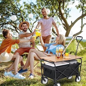 Arlopu Collapsible Wagon with Folding Table, Heavy Duty Portable Garden Cart w/Aluminum Alloy Table Combo, Outdoor Utility Camping Cart w/Metal Board Desktop for Shopping, Picnic, 150 LBS, Balck