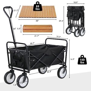 Arlopu Collapsible Wagon with Folding Table, Heavy Duty Portable Garden Cart w/Aluminum Alloy Table Combo, Outdoor Utility Camping Cart w/Metal Board Desktop for Shopping, Picnic, 150 LBS, Balck