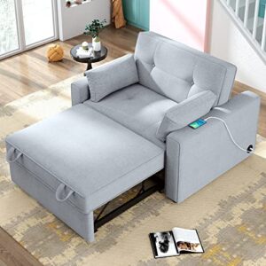 runna minimalist 48" convertible sleeper sofa bed with adjustable bed chair,usb charging port and 2 pillows,for small space apartment office living room (grey@usb port)
