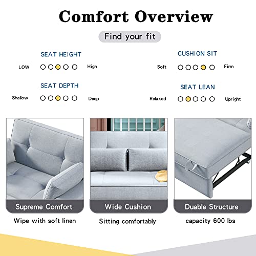 RUNNA Minimalist 48" Convertible Sleeper Sofa Bed with Adjustable Bed Chair,USB Charging Port and 2 Pillows,for Small Space Apartment Office Living Room (Grey@USB Port)
