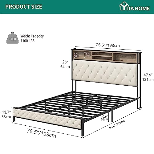 YITAHOME King Size Bed Frame, Platform Bed Frame with Charging Station, Upholstered Storage Headboard & Footboard Metal Slats Supports Mattress Foundation, No Box Spring Needed, Beige