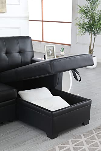 KELRIA L-Shape Reversible PU Leather Sleeper Sectional Sofa with Storage Chaise, Modern Corner Couch with Arms for Living Room, Home Furniture, Apartment, Dorm, Black