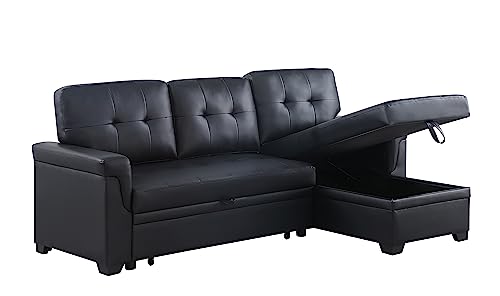 KELRIA L-Shape Reversible PU Leather Sleeper Sectional Sofa with Storage Chaise, Modern Corner Couch with Arms for Living Room, Home Furniture, Apartment, Dorm, Black