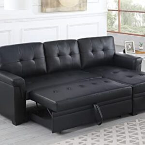 KELRIA L-Shape Reversible PU Leather Sleeper Sectional Sofa with Storage Chaise, Modern Corner Couch with Arms for Living Room, Home Furniture, Apartment, Dorm, Black