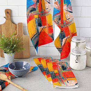 Yun Nist Kitchen Dish Towels,Red Orange Blue Oil Painting Soft Microfiber Dish Cloths Reusable Hand Towels,Modern Abstract Geometry Art Washable Tea Towel for Dishes Counters 1 Pack