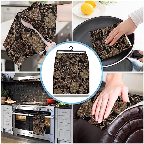 Yun Nist Kitchen Dish Towels,Fall Gold Maple Leaves Black Soft Microfiber Dish Cloths Reusable Hand Towels,Autumn Farm Plant Seamless Washable Tea Towel for Dishes Counters 1 Pack
