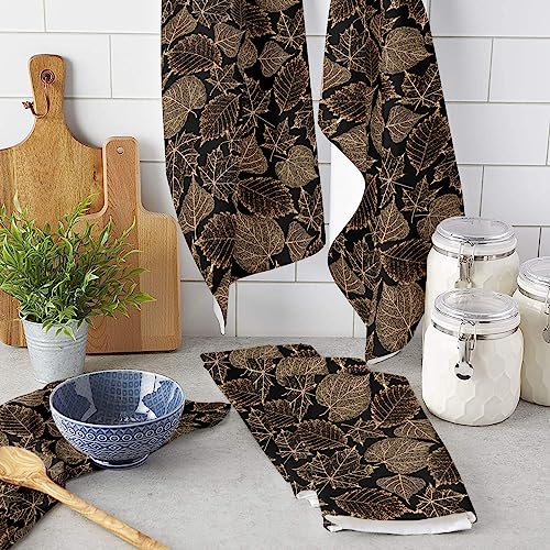 Yun Nist Kitchen Dish Towels,Fall Gold Maple Leaves Black Soft Microfiber Dish Cloths Reusable Hand Towels,Autumn Farm Plant Seamless Washable Tea Towel for Dishes Counters 1 Pack