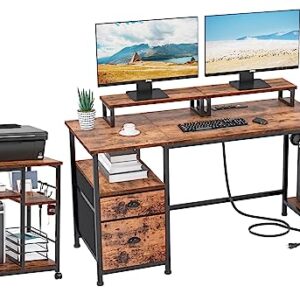 Furologee Computer Desk and Printer Stand, Desk with Power Outlets, 47" Office Desk with 2 Monitor Stands and Fabric File Cabinet, 3 Tier Printer Table with Wheels and 2 Hooks, for Home Office