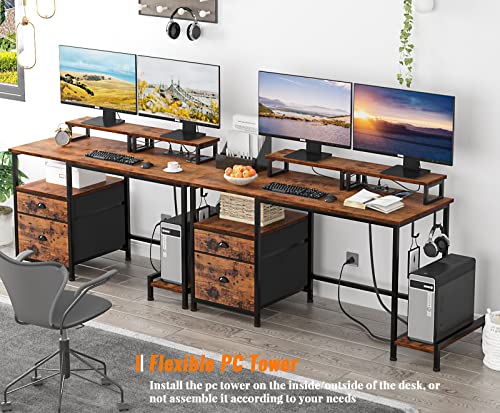 Furologee Computer Desk and Printer Stand, Desk with Power Outlets, 47" Office Desk with 2 Monitor Stands and Fabric File Cabinet, 3 Tier Printer Table with Wheels and 2 Hooks, for Home Office