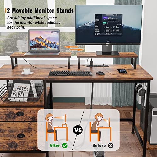 Furologee Computer Desk and Printer Stand, Desk with Power Outlets, 47" Office Desk with 2 Monitor Stands and Fabric File Cabinet, 3 Tier Printer Table with Wheels and 2 Hooks, for Home Office