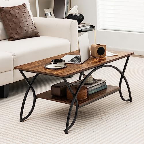 COSTWAY 2-Tier Coffee Table, Industrial Wood Accent Table with Storage Shelf and Gold Finished Metal Frame, Chic Rectangular Side End Table for Living Room Office Lounge (Coffee)