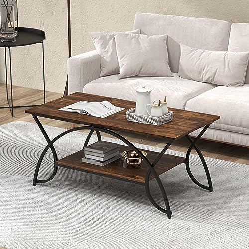 COSTWAY 2-Tier Coffee Table, Industrial Wood Accent Table with Storage Shelf and Gold Finished Metal Frame, Chic Rectangular Side End Table for Living Room Office Lounge (Coffee)