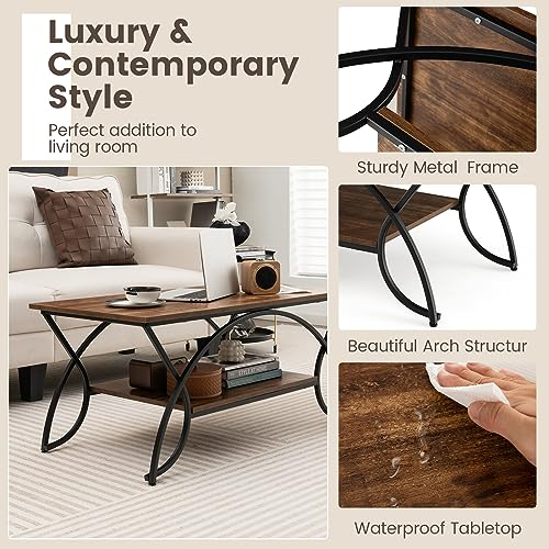 COSTWAY 2-Tier Coffee Table, Industrial Wood Accent Table with Storage Shelf and Gold Finished Metal Frame, Chic Rectangular Side End Table for Living Room Office Lounge (Coffee)