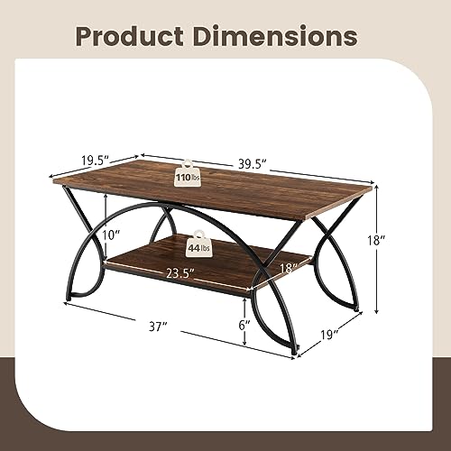 COSTWAY 2-Tier Coffee Table, Industrial Wood Accent Table with Storage Shelf and Gold Finished Metal Frame, Chic Rectangular Side End Table for Living Room Office Lounge (Coffee)