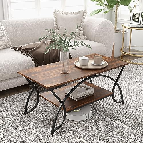 COSTWAY 2-Tier Coffee Table, Industrial Wood Accent Table with Storage Shelf and Gold Finished Metal Frame, Chic Rectangular Side End Table for Living Room Office Lounge (Coffee)
