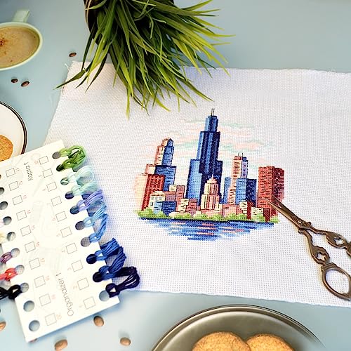 Povitrulya Counted Cross Stitch Kit for Adults “Chicago” - Chi-Town Cityscape Hand Embroidery Set with Pattern, 14-Count Aida Cloth and Pre-Sorted Cotton Threads