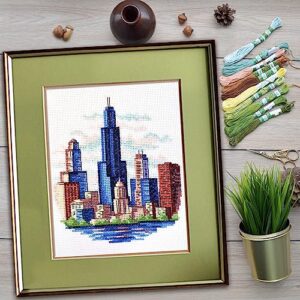 Povitrulya Counted Cross Stitch Kit for Adults “Chicago” - Chi-Town Cityscape Hand Embroidery Set with Pattern, 14-Count Aida Cloth and Pre-Sorted Cotton Threads