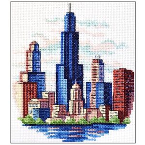 povitrulya counted cross stitch kit for adults “chicago” - chi-town cityscape hand embroidery set with pattern, 14-count aida cloth and pre-sorted cotton threads