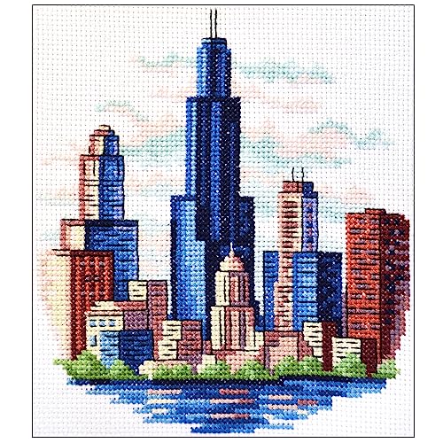 Povitrulya Counted Cross Stitch Kit for Adults “Chicago” - Chi-Town Cityscape Hand Embroidery Set with Pattern, 14-Count Aida Cloth and Pre-Sorted Cotton Threads