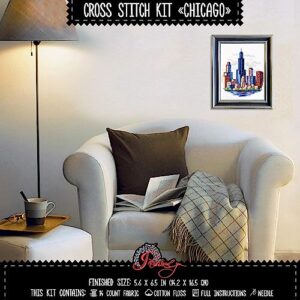 Povitrulya Counted Cross Stitch Kit for Adults “Chicago” - Chi-Town Cityscape Hand Embroidery Set with Pattern, 14-Count Aida Cloth and Pre-Sorted Cotton Threads