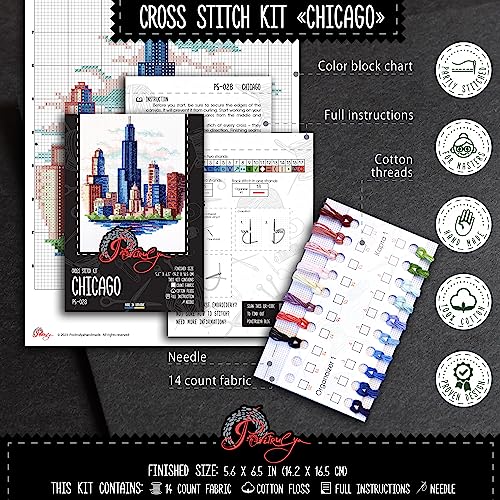 Povitrulya Counted Cross Stitch Kit for Adults “Chicago” - Chi-Town Cityscape Hand Embroidery Set with Pattern, 14-Count Aida Cloth and Pre-Sorted Cotton Threads