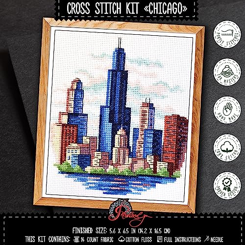 Povitrulya Counted Cross Stitch Kit for Adults “Chicago” - Chi-Town Cityscape Hand Embroidery Set with Pattern, 14-Count Aida Cloth and Pre-Sorted Cotton Threads