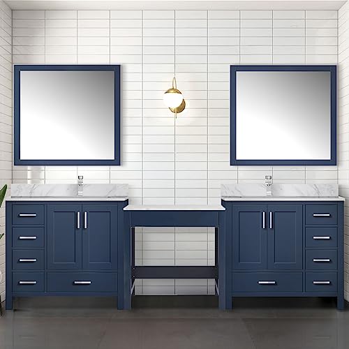 Bell+Modern Alhambra 102 in W x 22 in D Navy Blue Double Bath Vanity, Carrara Marble Top, and 34 in Mirrors