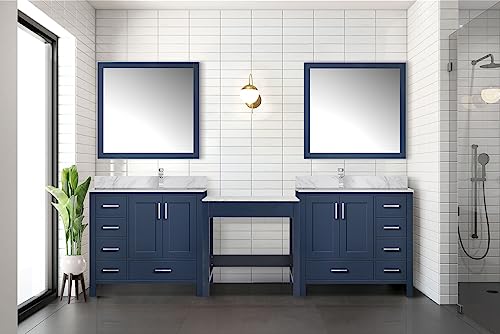 Bell+Modern Alhambra 102 in W x 22 in D Navy Blue Double Bath Vanity, Carrara Marble Top, and 34 in Mirrors