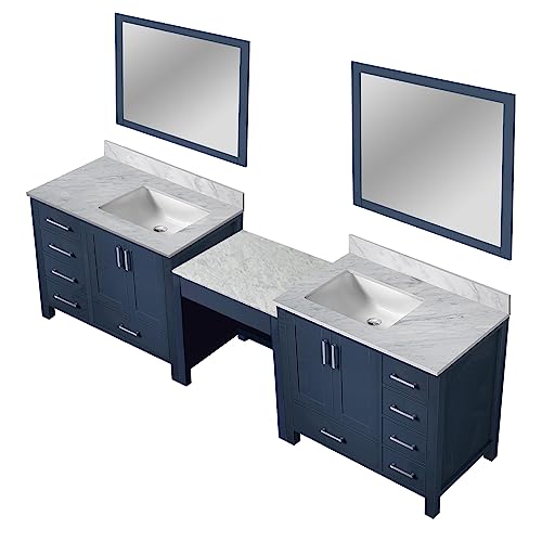 Bell+Modern Alhambra 102 in W x 22 in D Navy Blue Double Bath Vanity, Carrara Marble Top, and 34 in Mirrors