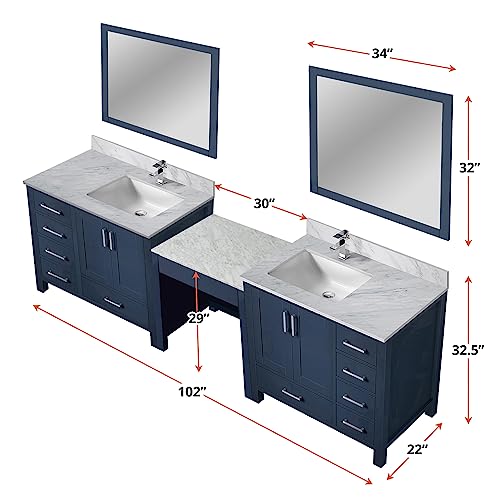 Bell+Modern Alhambra 102 in W x 22 in D Navy Blue Double Bath Vanity, Carrara Marble Top, and 34 in Mirrors