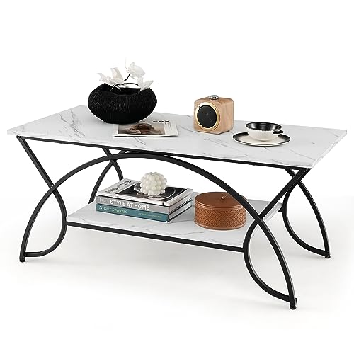 COSTWAY 2-Tier Coffee Table, Modern Faux Marble Accent Table with Storage and Gold Finished Metal Frame, Chic Rectangular End Table for Living Room Office Lounge (White+Black)