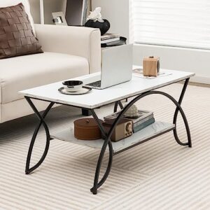 COSTWAY 2-Tier Coffee Table, Modern Faux Marble Accent Table with Storage and Gold Finished Metal Frame, Chic Rectangular End Table for Living Room Office Lounge (White+Black)