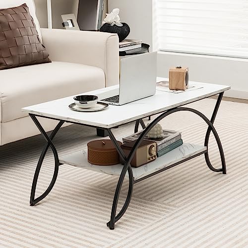 COSTWAY 2-Tier Coffee Table, Modern Faux Marble Accent Table with Storage and Gold Finished Metal Frame, Chic Rectangular End Table for Living Room Office Lounge (White+Black)