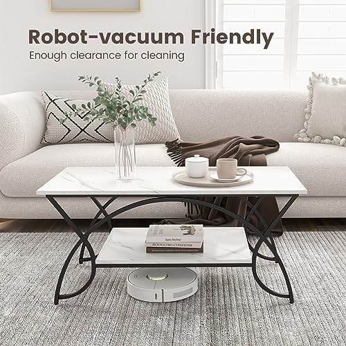 COSTWAY 2-Tier Coffee Table, Modern Faux Marble Accent Table with Storage and Gold Finished Metal Frame, Chic Rectangular End Table for Living Room Office Lounge (White+Black)