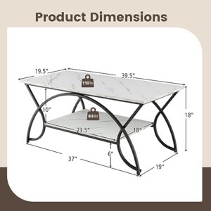 COSTWAY 2-Tier Coffee Table, Modern Faux Marble Accent Table with Storage and Gold Finished Metal Frame, Chic Rectangular End Table for Living Room Office Lounge (White+Black)