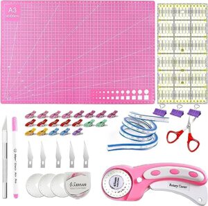 rotary cutter set, 38pcs 45mm rotary fabric cutter wheel set, fabric cutter wheel, quilting rotary cutters rolling fabric cutter wheel and a3 mat, rotary rolling cutter for sewing, quilting(pink)