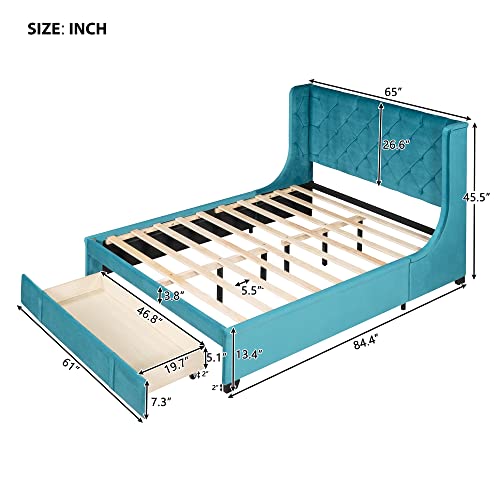 YuiHome Queen Size Velvet Upholstered Platform Bed with a Big Drawer, Queen Storage Bed with Wingback Headboard for Bedroom Guestroom, No Box Spring Needed, Blue