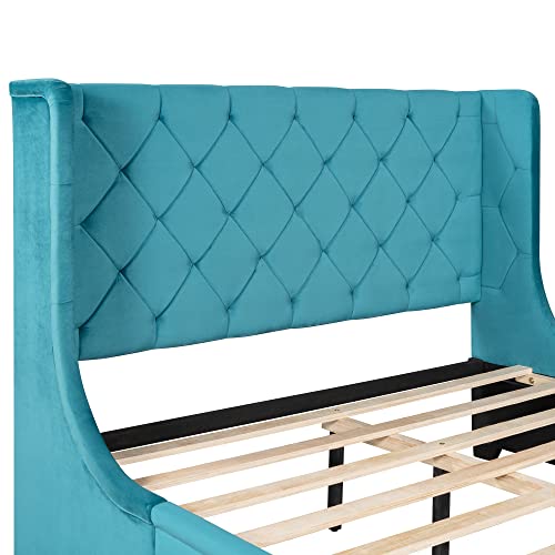 YuiHome Queen Size Velvet Upholstered Platform Bed with a Big Drawer, Queen Storage Bed with Wingback Headboard for Bedroom Guestroom, No Box Spring Needed, Blue