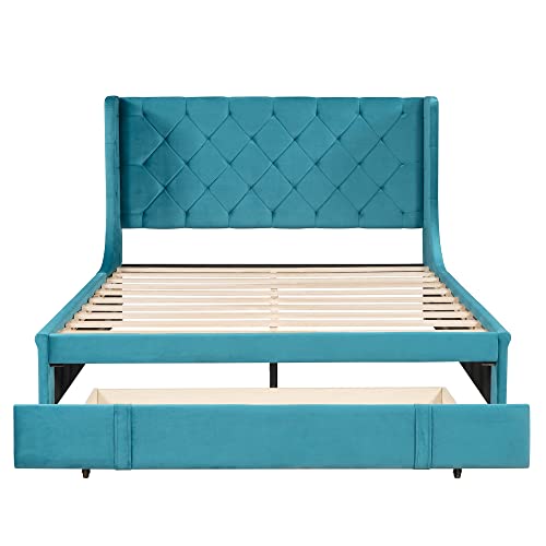 YuiHome Queen Size Velvet Upholstered Platform Bed with a Big Drawer, Queen Storage Bed with Wingback Headboard for Bedroom Guestroom, No Box Spring Needed, Blue