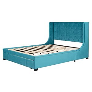 YuiHome Queen Size Velvet Upholstered Platform Bed with a Big Drawer, Queen Storage Bed with Wingback Headboard for Bedroom Guestroom, No Box Spring Needed, Blue