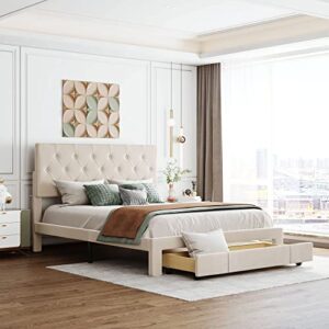 yuihome queen bed frame with storage drawer, velvet upholstered storage bed with button tufted headboard, wingback platform bed queen size,no box spring required,beige