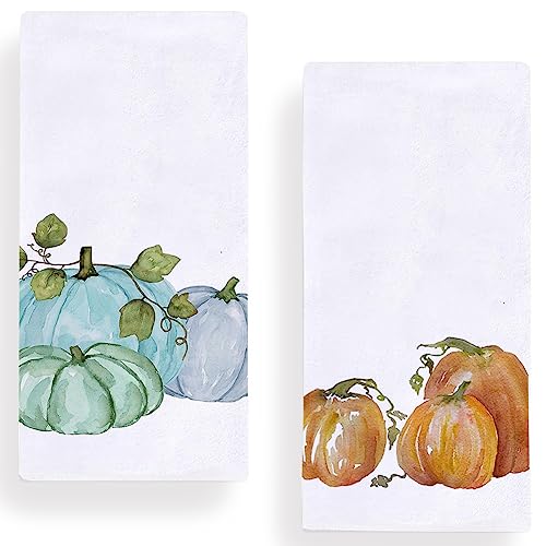 Secarond Fall Pumpkin Kitchen Dish Towel 18 x 28 Inch Set of 2, Autumn Harvest Thanksgiving Pumpkins Farmhouse Holiday Tea Towels Dish Cloth for Cooking Baking