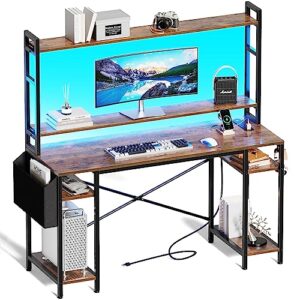 huuger 55 inch computer desk with adjustable shelves, gaming desk with led lights & power outlets, home office desk with monitor stand, hooks & cpu stand, rustic brown