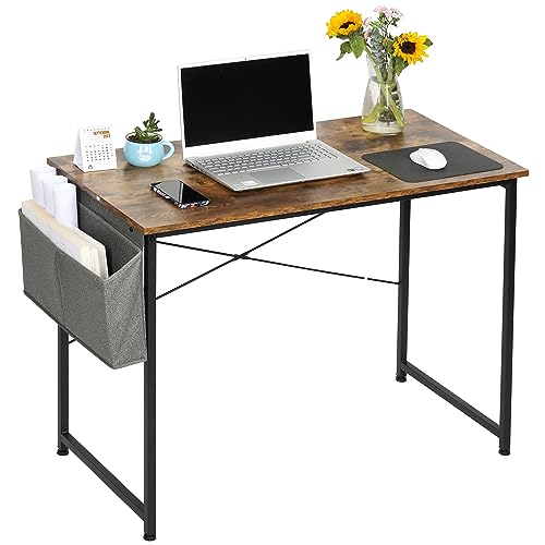 HealSmart Computer Office 47 Inch Writing Small Space Study Table Modern Simple Style Worktable with Storage Bag Wooden Desk for Home, Bedroom, Brown