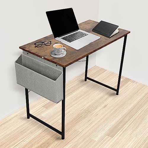 HealSmart Computer Office 47 Inch Writing Small Space Study Table Modern Simple Style Worktable with Storage Bag Wooden Desk for Home, Bedroom, Brown